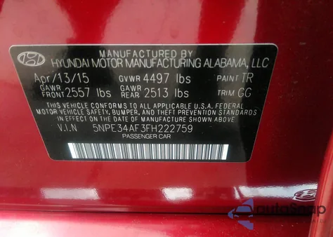 2015 Hyundai Sonata Sport z USA, uszkodzony, nr VIN 5NPE34AF3FH222759